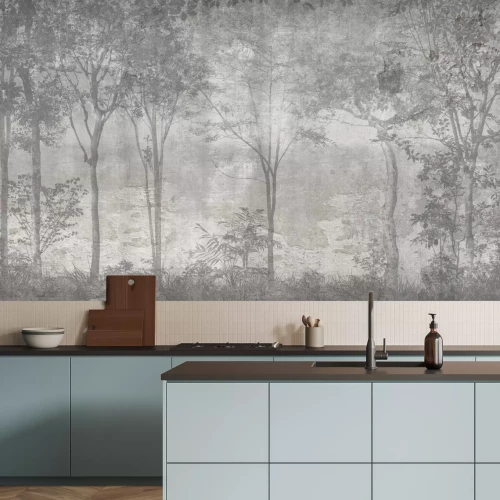 Fototapete Waldlandschaft in Grautönen mit Bäumen auf Betonhintergrund