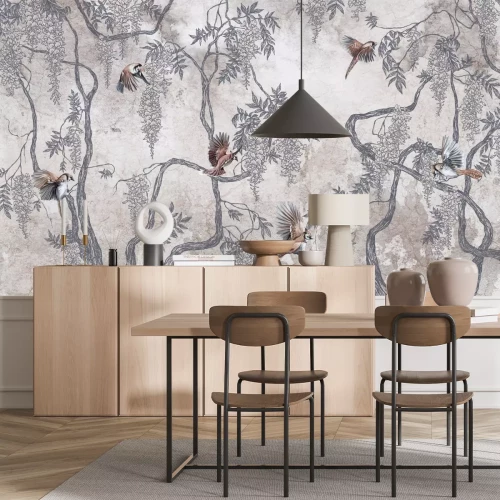 Fototapete Vögel unter Wisterienblüten