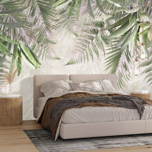 Fototapete Tropische Palmfarnblätter, die von oben auf Betonhintergrund hängen