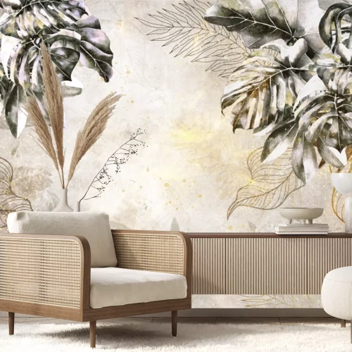 Fototapete Abstrakte Monstera-Blätter auf Betonhintergrund