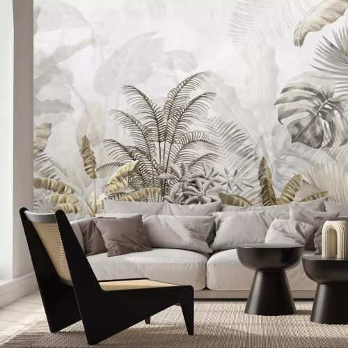 Fototapete Tropische Pflanzen Palme Monstera Blätter auf Grauem Hintergrund