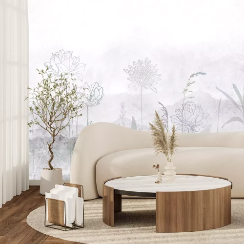 Fototapete Feldblumen und Pflanzen vor dem Hintergrund einer Berglandschaft