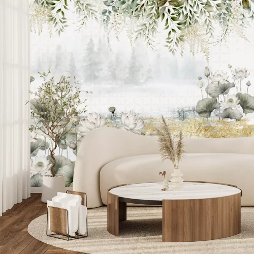 Fototapete Wandgemälde mit Seerosen und Grünen Blättern im Modernen Stil