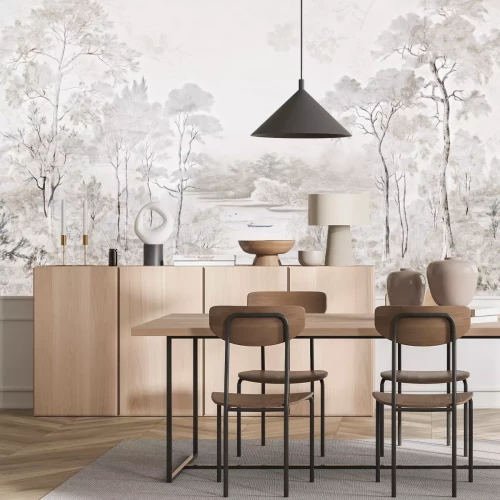 Fototapete Landschaft mit Bäumen und Fluss in Beigetönen