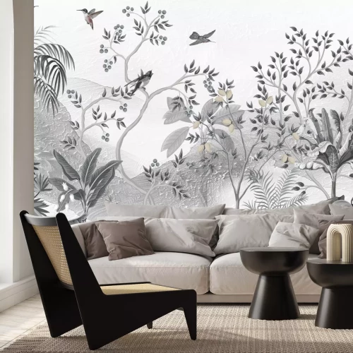 Fototapete Landschaft mit Baum und Vögeln vor Bergkulisse Wandbild