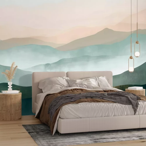 Fototapete Minimalistische Landschaft mit Bergen in Grün- und Beigetönen