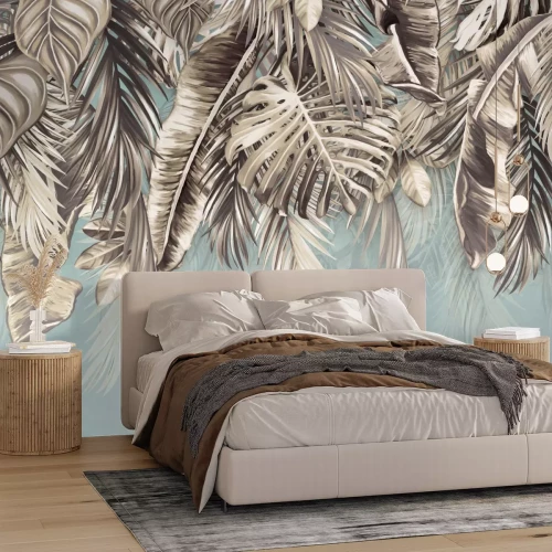 Fototapete Palmen- und Monstera-Blätter auf blauem Hintergrund