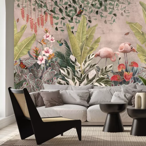 Fototapete Tropisches Paradies mit Flamingos zwischen Blumen