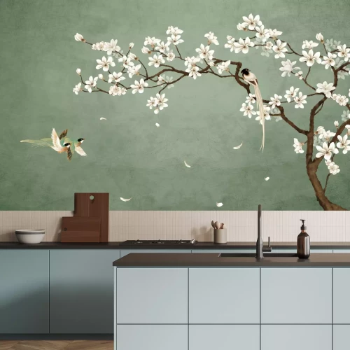 Fototapete Kirschblüte mit Vögeln auf grünem Hintergrund