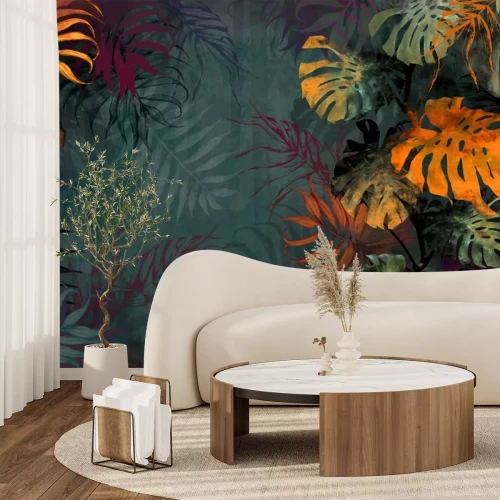 Fototapete Bunte Monstera-Blätter auf grünem Hintergrund