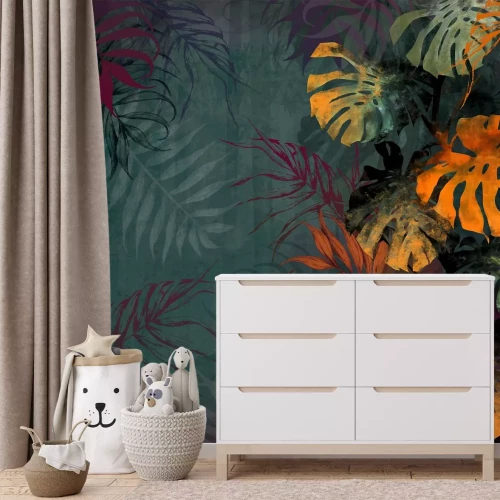 Fototapete Bunte Monstera-Blätter auf grünem Hintergrund