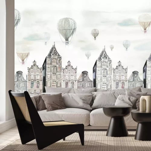 Fototapete Aquarellstadt Landschaft mit Ballons am Himmel