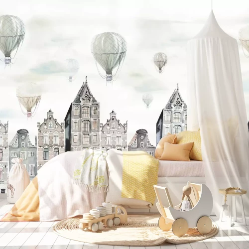 Fototapete Aquarellstadt Landschaft mit Ballons am Himmel