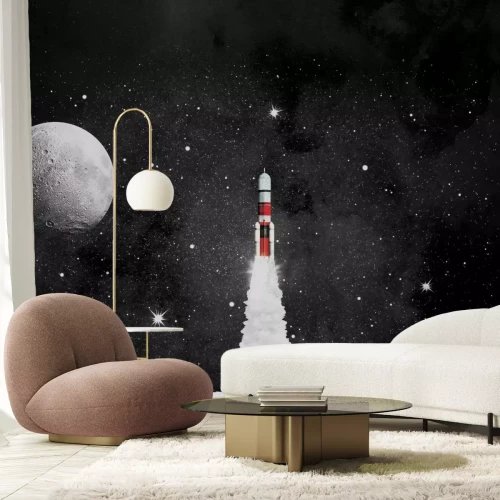 Fototapete Rakete vor Sternenhimmel und Mond Illustration