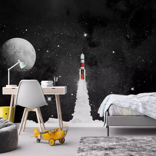 Fototapete Rakete vor Sternenhimmel und Mond Illustration