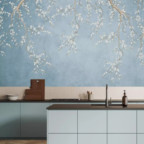 Fototapete Zarte Kirschblüten vor blauem Hintergrund