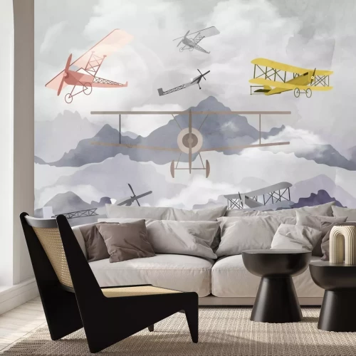 Fototapete Flugzeuge vor Bergkulisse Landschaft Aquarellillustration