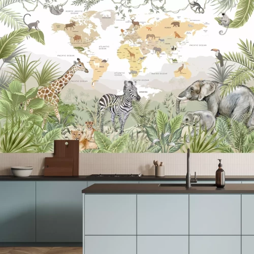 Fototapete Weltkarte für Kinder mit Tieren