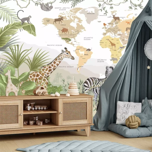 Fototapete Weltkarte für Kinder mit Tieren