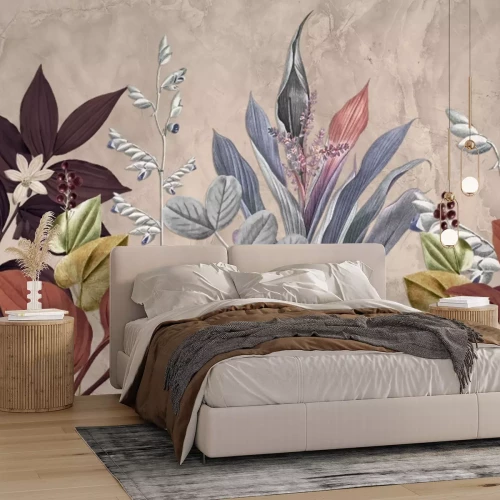 Fototapete Bunte tropische Blätter an der Wand