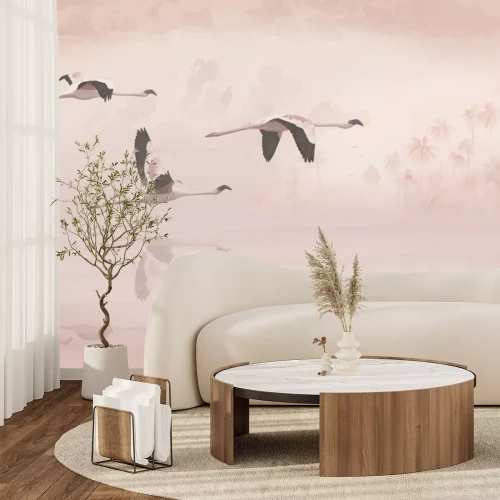 Fototapete Fliegende Vögel vor Palmen und Wolken