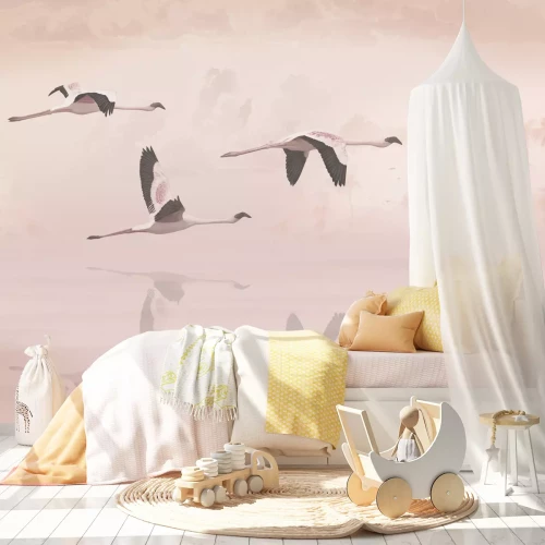 Fototapete Fliegende Vögel vor Palmen und Wolken