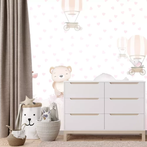 Fototapete Elefant mit Giraffe auf einer Wiese zwischen Herzen