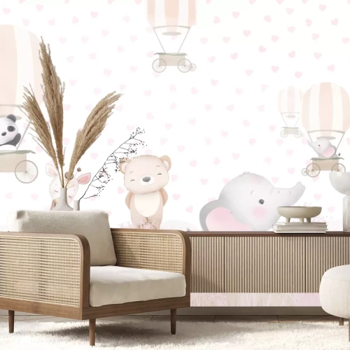 Fototapete Elefant mit Giraffe auf einer Wiese zwischen Herzen