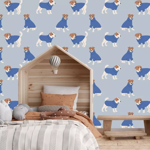 Fototapete Niedliche Welpen auf blauem Hintergrund Kindermuster