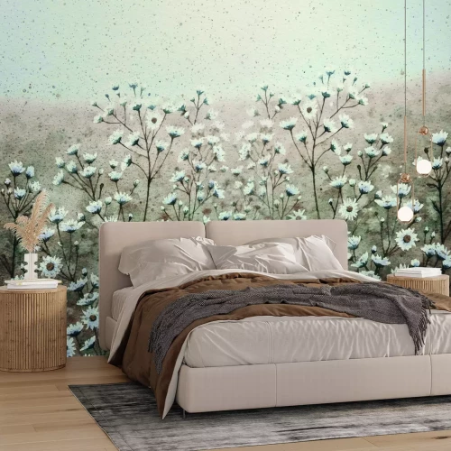 Fototapete Gemalte Wiese mit Gänseblümchenblumen