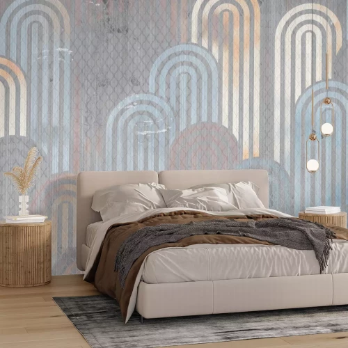 Fototapete Blaue und goldene Bögen auf grauem Hintergrund