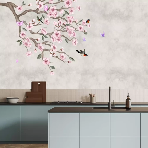 Fototapete Rosa Kirschblüten mit Vögeln auf Beton