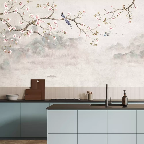 Fototapete Vogel auf einem Kirschzweig vor Bergen und See