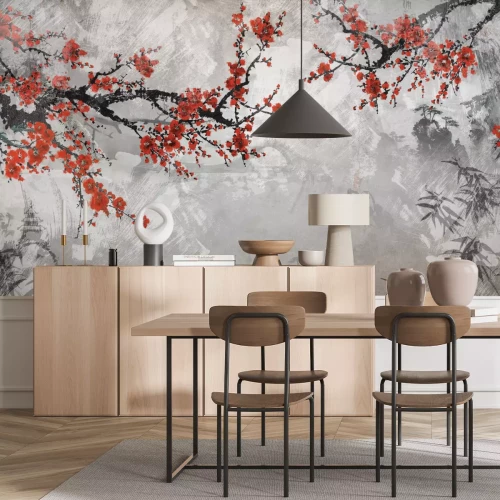 Fototapete Japanisches Muster mit Kirschblüten auf Beton