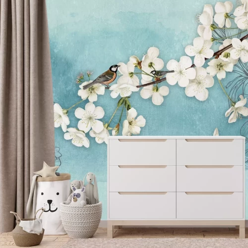 Fototapete Kirschbaum vor einem Hintergrund mit gezeichneten Blumen