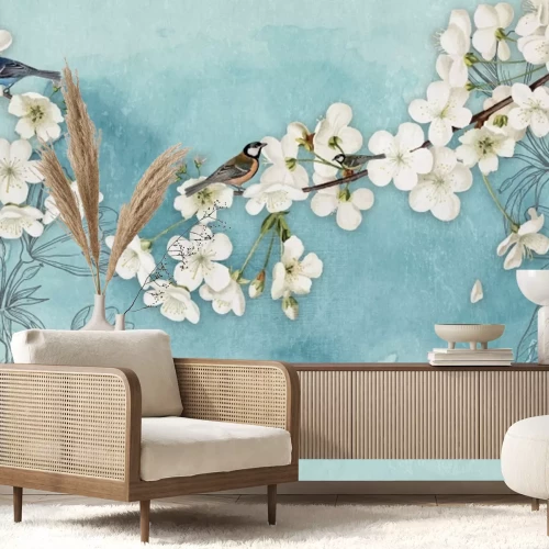 Fototapete Kirschbaum vor einem Hintergrund mit gezeichneten Blumen