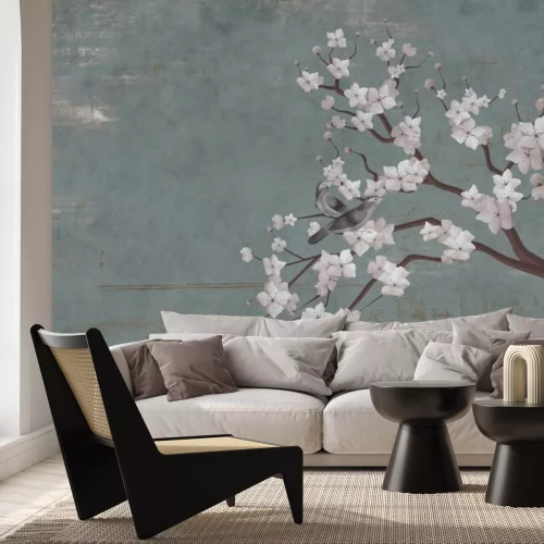 Fototapete Gemalte weiße Kirschblüten mit Vögeln an einer Wand