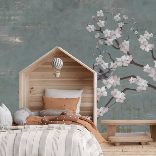 Fototapete Gemalte weiße Kirschblüten mit Vögeln an einer Wand