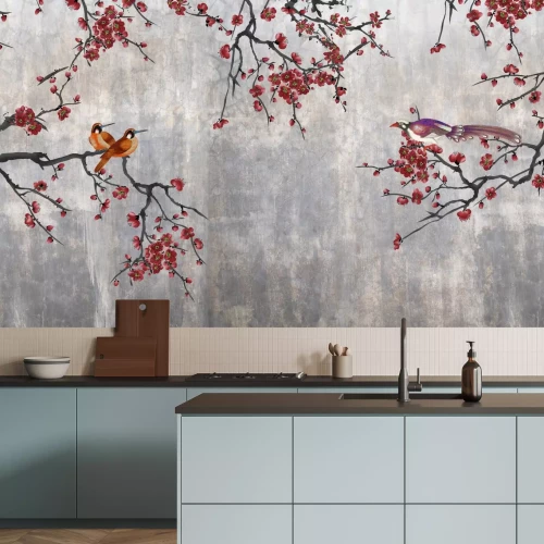 Fototapete Rote Blumen mit Vögeln auf Beton