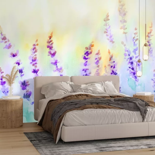 Fototapete Gemalte pastellfarbene Wiese mit Lavendelblumen