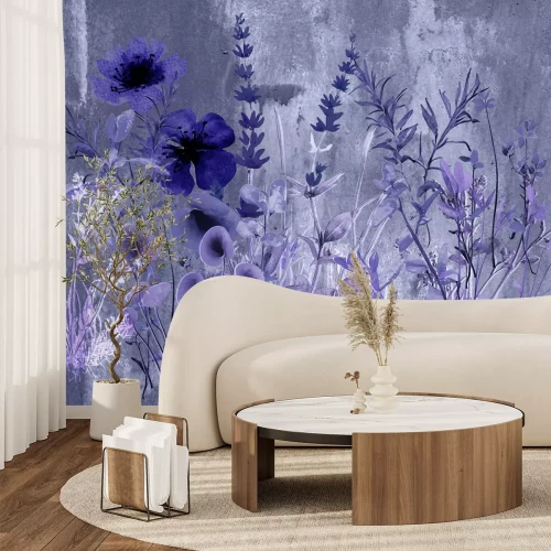 Fototapete Wilde Blumen von der Wiese an der Betonwand