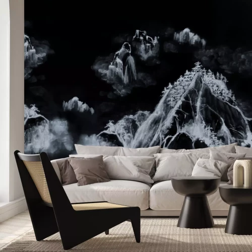 Fototapete Gezeichneter Landschaft mit Bergen und Bäumen