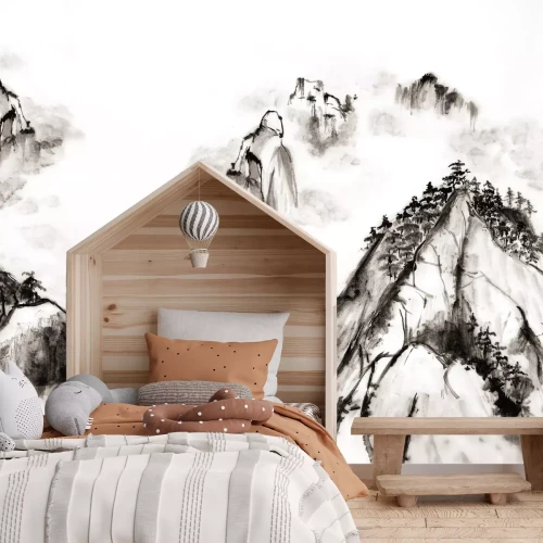 Fototapete Gezeichneter Landschaft mit Bergen und Bäumen