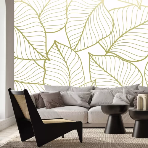 Fototapete Goldene Skizze von Blättern auf weißem Hintergrund