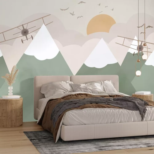 Fototapete Flugzeuge fliegen zwischen Bergen und Wolken