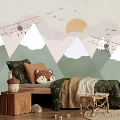 Fototapete Flugzeuge fliegen zwischen Bergen und Wolken