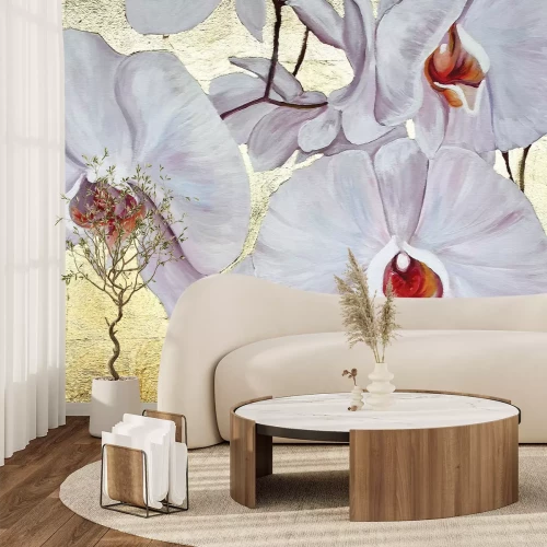 Fototapete Gemalte Orchideen auf goldenem Hintergrund