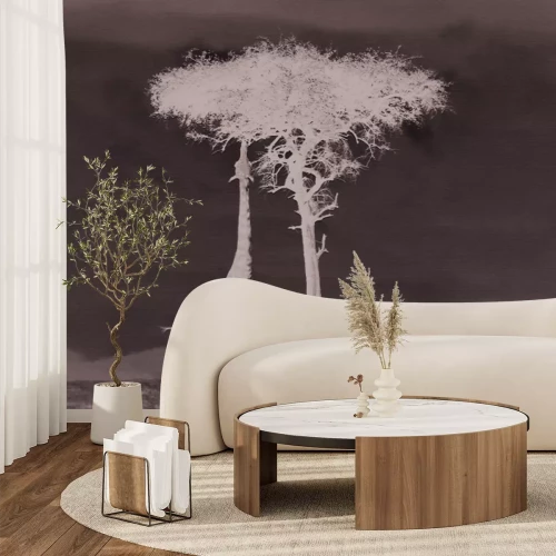 Fototapete Schwarz-weiß Safari mit einem Baum und einer Giraffe