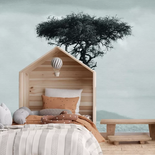 Fototapete Schwarz-weiß Safari mit einem Baum und einer Giraffe