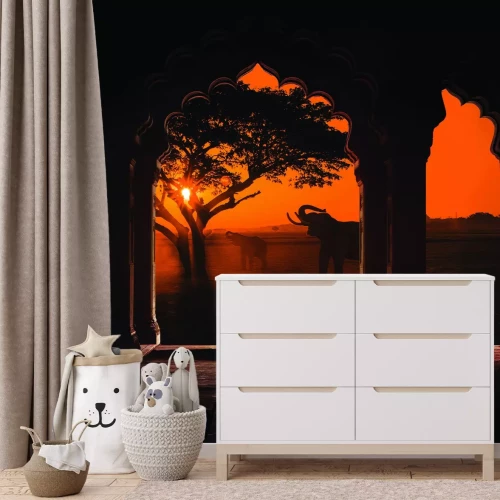 Fototapete Blick auf Bögen vor dem Hintergrund Afrikas mit Elefanten